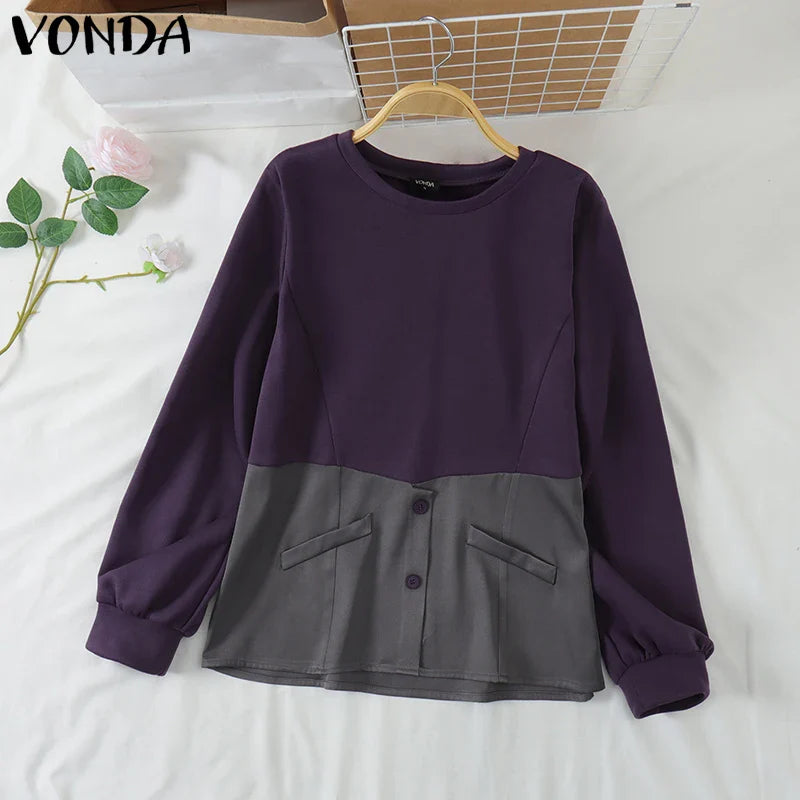 VONDA Casual Pullovers Round Neck Hoodies Spring Patchwork Contrasting Button Long Sleeved Sweatshirts 2025 Oversized Blouses