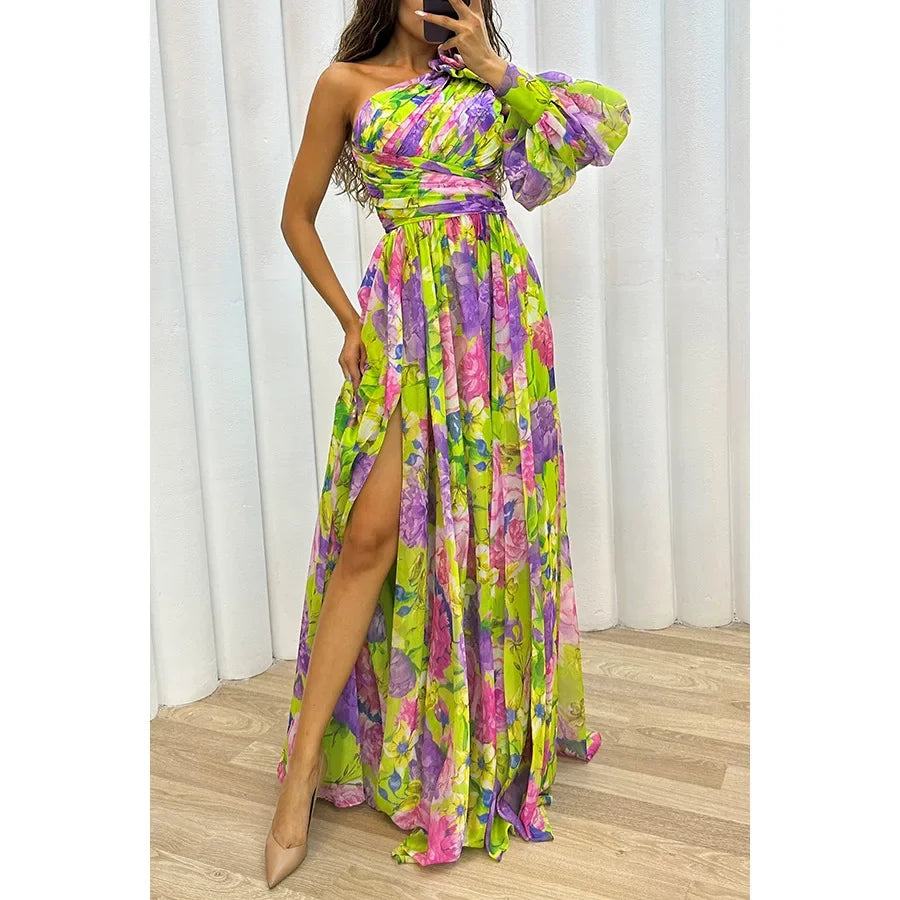 Women's S-XL Size Autumn and Winter Gathering New Casual Split Dress INS Loose Multi Color Slanted Shoulder Fashion Slimming