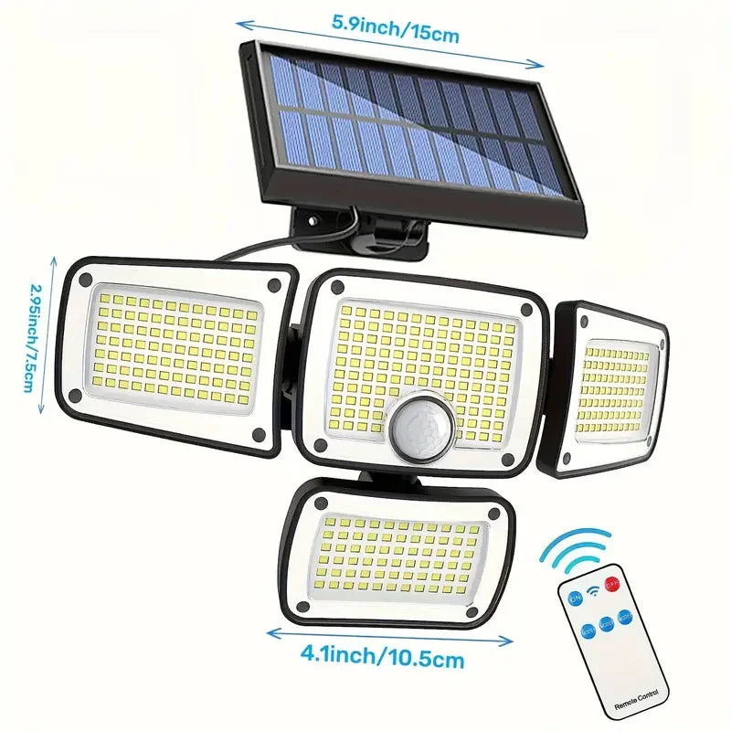 Solar Lights Outdoor 346 LED Solar Wall Lamp with Motion Sensor 3 Modes Waterproof 4 Heads Security Floodlight for Yard Garage
