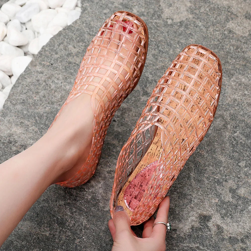 Summer Mesh Hole Flat Sandals For Women Jelly Shoes Elegant Fisherman Loafers Walking Comfy