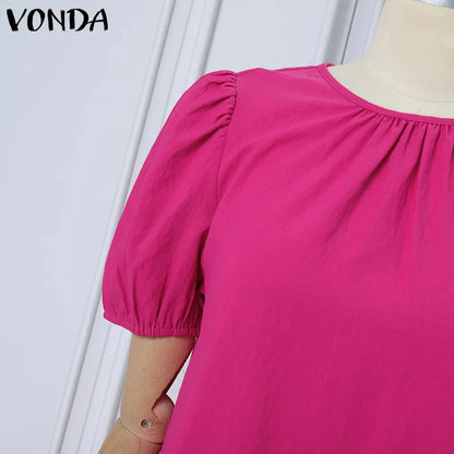 VONDA Women Party Dress Solid Color Casual Office Work Mini Sundress 2025 Summer Female O Neck Vestidos Oversized Loose Robe