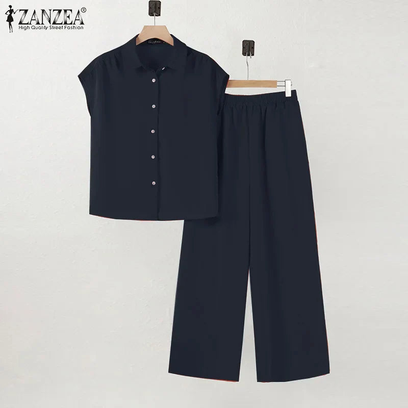 ZANZEA 2025 Summer Wide Leg Pants 2-Pieces Suits Elegant Commute Solid Causal Pant Sets Short Sleeve Shirt Women Trouser Outfits