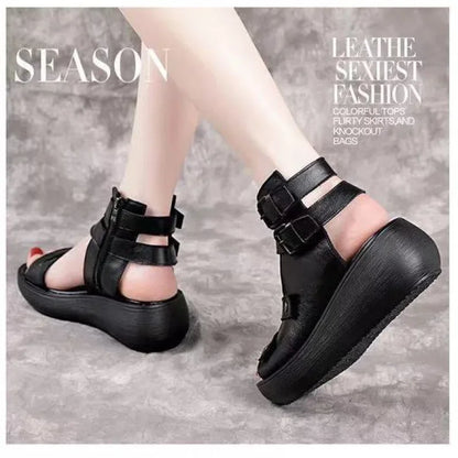 Women's Sandals Summer 2024 Mid Heeled Wedges Shoes for Women Retro Leather Gladiator Sandals Platform Rome Sandalias De Mujer