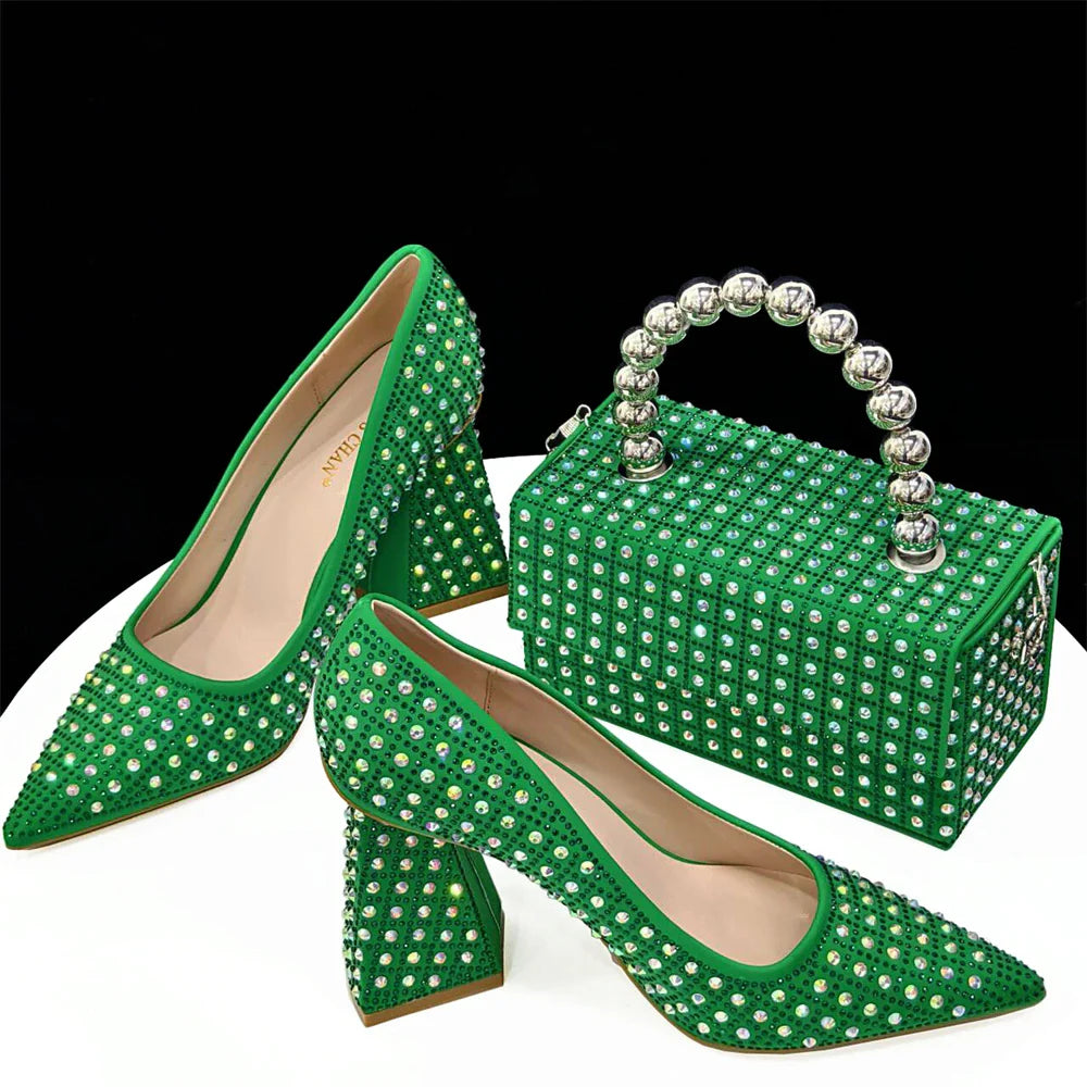 Venus Chan-Nigerian Heel Party for Women Yellow Shoes and Bag Set Rhinestone Handbag Italian Design Wedding INS 2024