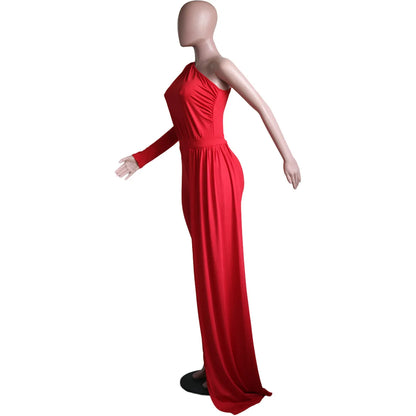 Red Puff Sleeve One Shoulder Long Sleeve Jumpsuits