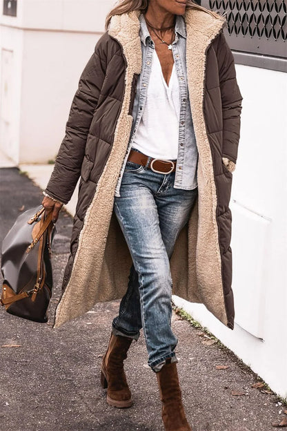 Winter Hooded Quilted Jacket For Women Solid Reversible Long Sleeve Thick Coat Warm Fashion Long Outerwear Casual Puffer Coats
