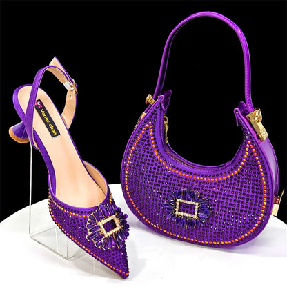 Venus Chan Luxury Rhinestone Heel & Handbag Set – Black & Gold Party Combo
