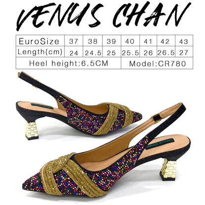 Venus Chan 2024 Special Design High Quality Orange Color African Women Shoes and Bag Set with Shinning Crystal for Wedding Party