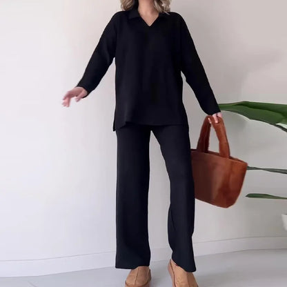 Two Piece Set Women Outfit Autumn Solid Loose Split Hem Lapel Long Sleeved Knit Top & Casual High Waist Wide Leg Pants Set