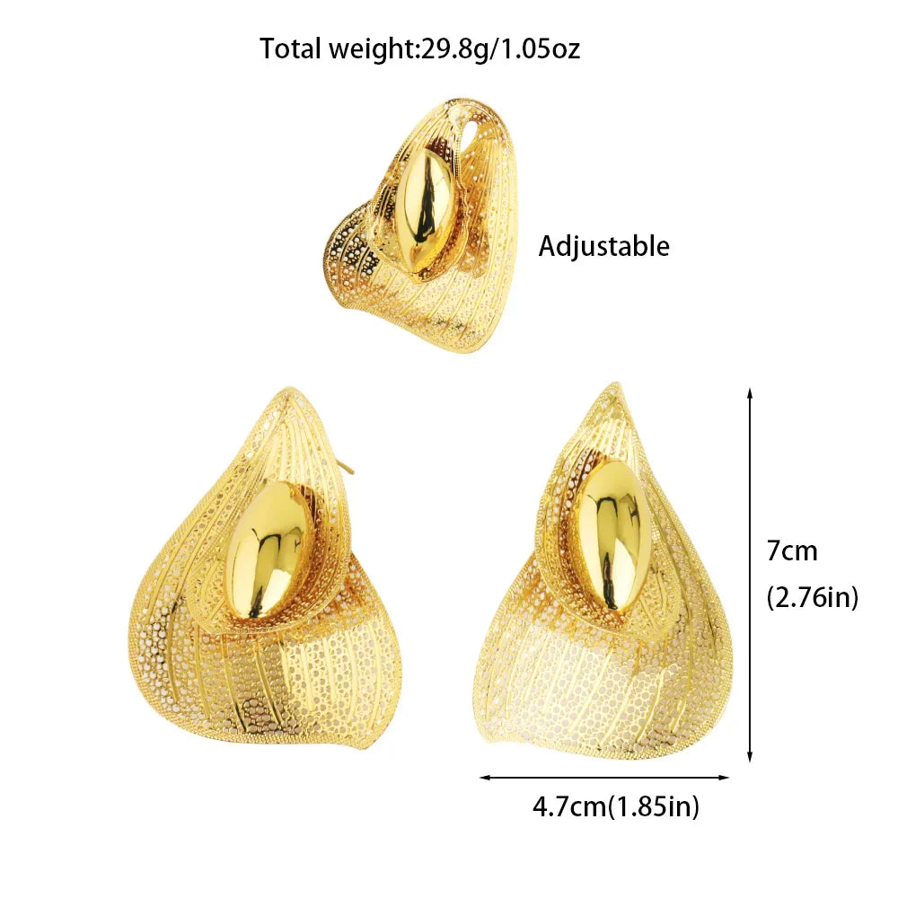 New Fashion Style Gold Plated Earrings Ring Set for Women Girls Dubai Luxury Exaggerated Design Jewelry Gift for Party Easter