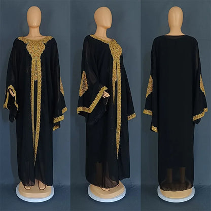 Two Piece Set Dress African Dresses for Women 2023 Traditional Gold Embroidery Clothing Islam Kaftan Abaya Musulman Robe Femme