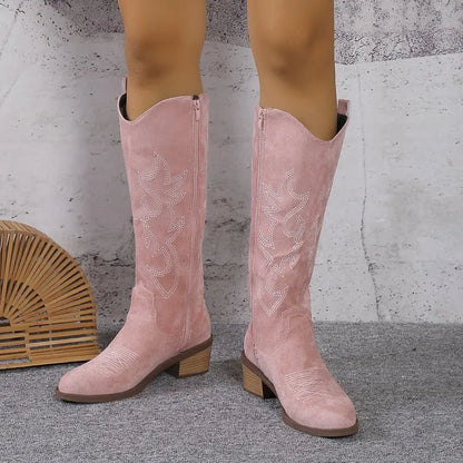 Women Chelsea Cowboy Knee High Boots for Women Mid Heels Walking Shoes Winter Fashion Zipper Chunky Boots Pumps Punk High Botas