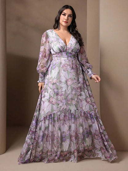 TOLEEN Plus Size Women V-Neck Lantern Sleeve Ruffle 2024 Spring Summer Casual Elegant Floral Print Vacation Party Long Dresses