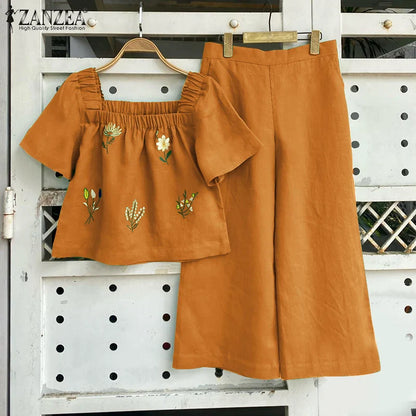 ZANZEA Women Short Sleeve Square Collar Tops Elastic Waist Pant Sets Summer Outfits Elegant Floral Embroidery Two Piece Suts