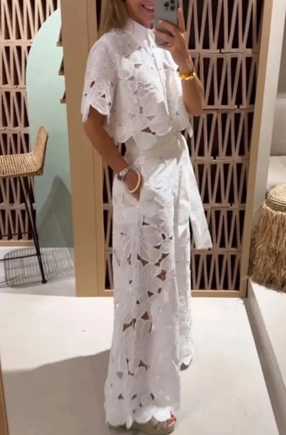 Sexy Lapel Single-breasted Shirt Top + Wide-leg Pants 2-piece Set Women Fashion Solid Color Elegant Casual Hollow Suit Female