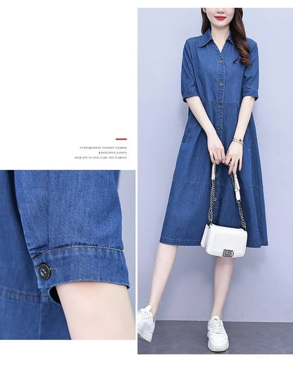 Oversized 5XL Single Breasted Denim Dress For women 2024 Summer New Short sleeved Shirt Denim Dresses Female Casual Clothes