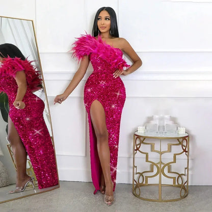 One Shoulder Feather Sequin Prom Long Slit Dress Party Evening Gowns Elegant Luxury Celebrity Night Club Sexy Bodycon Dresses