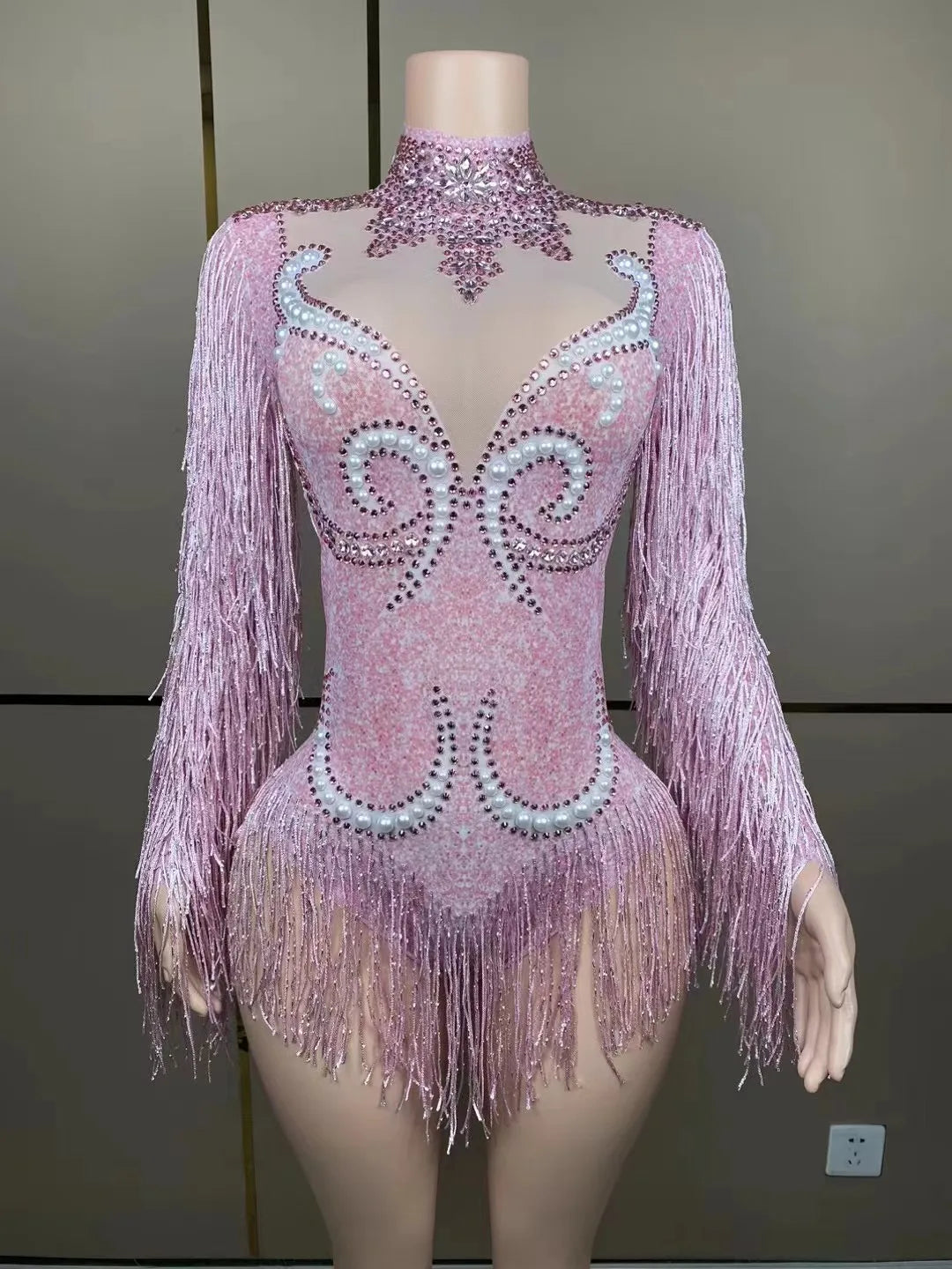 Stage Latin dance cha-cha dance practice suit stretch slim skirt fringe flash small diamond pearl design suit
