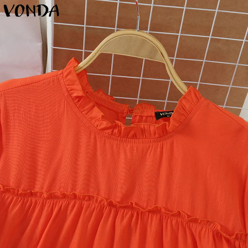 VONDA Women Ruffled Shirts 2025 Casual Flare Sleeve Tops Bohemian Blusas Solid Color Elegent Blouse Female Summer Tunic Oversize