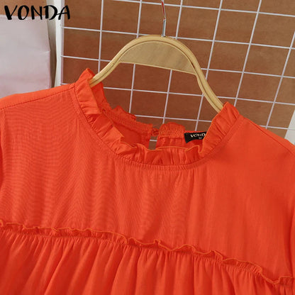 VONDA Women Ruffled Shirts 2025 Casual Flare Sleeve Tops Bohemian Blusas Solid Color Elegent Blouse Female Summer Tunic Oversize