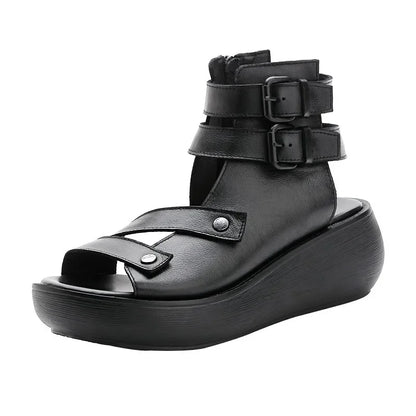 Women's Sandals Summer 2024 Mid Heeled Wedges Shoes for Women Retro Leather Gladiator Sandals Platform Rome Sandalias De Mujer