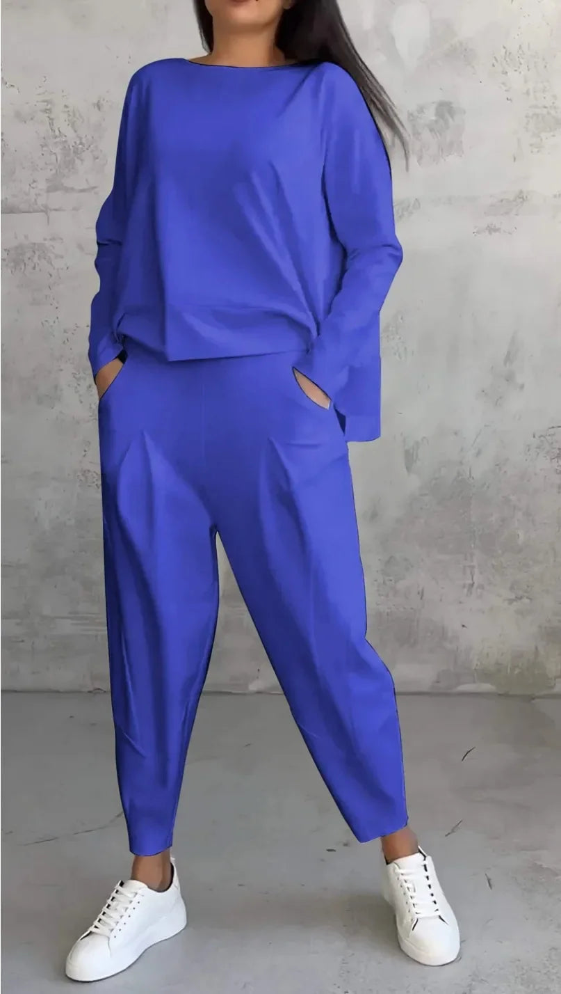 Women Two Piece Pant Sets Solid Full Sleeved Tops Round Neck Casual Midi Waist Long Pants Pockets Regular Elegant Lady