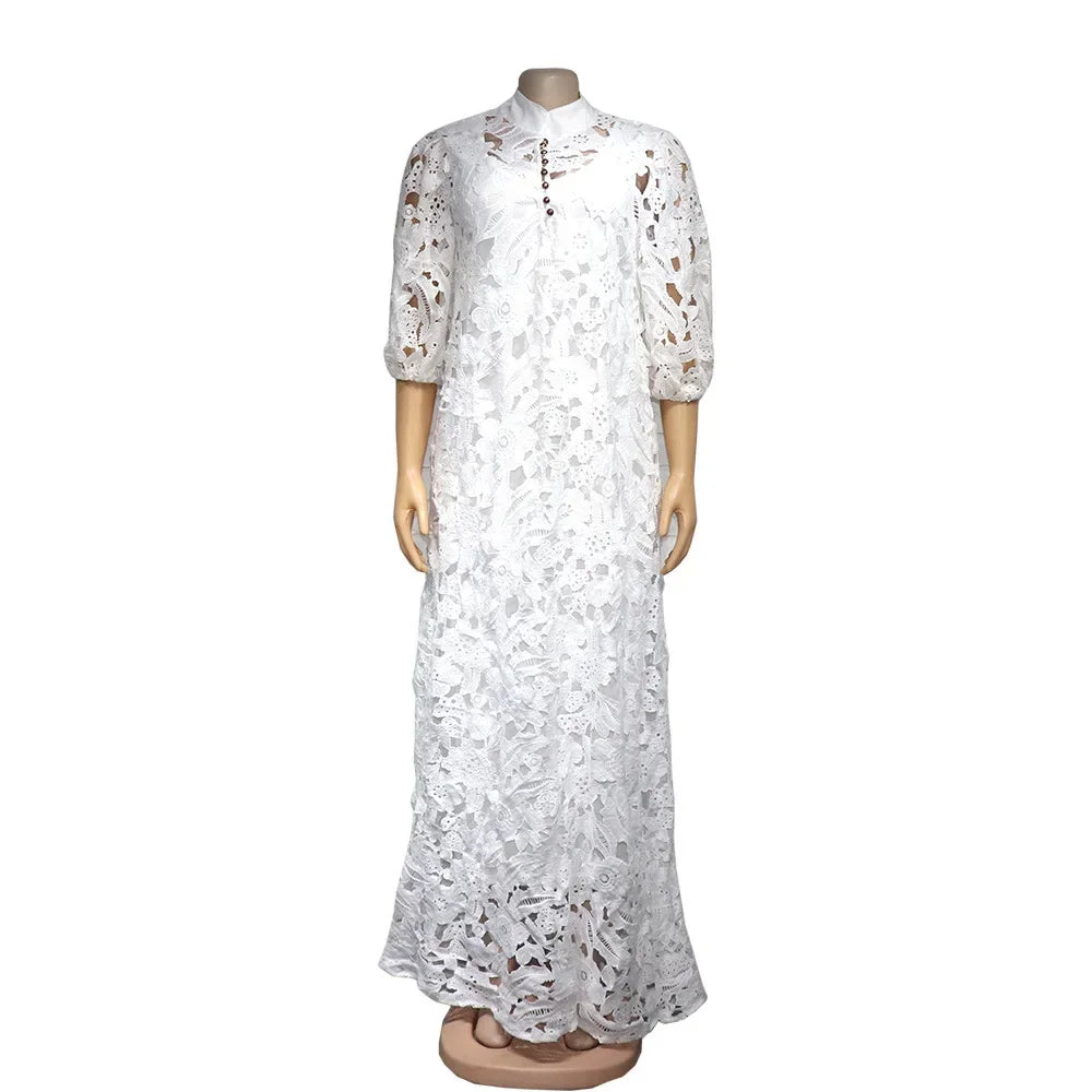 White Lace Dress For African Women Abaya Dubai Moroccan Kaftan Loose Maxi Dresses Eid Ramadan islamic Clothing African Dashiki