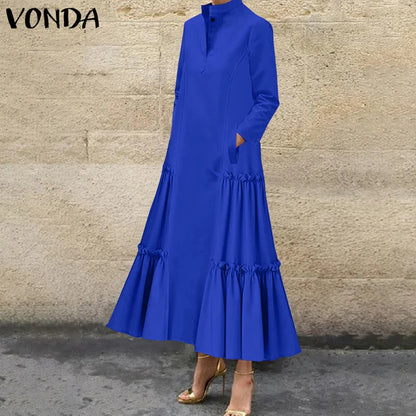 Plus Size VONDA Women Ruffled Maxi Long Dress 2024 Casual Solid Color A-Line Shirt Dress Stand Collar Long Sleeve Party Vestido