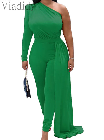 Red Puff Sleeve One Shoulder Long Sleeve Jumpsuits