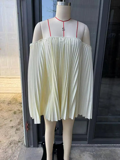 Women's Sexy One Shoulder Pleated Chiffon Long Sleeve Shorts 2 Piece Fashion Loose Shawl Sleeves Elegant Female Beach Shorts Set