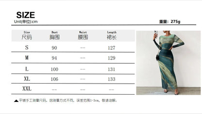 Women's dress, commuting tie dye pleated slim fit round neck long sleeved dress, autumn feminine temperament, high-end feeling