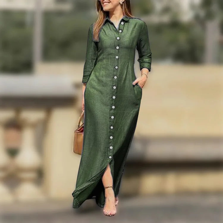 Women's Dress Single Breasted Temperament Long Sleeved Robe Retro Long Style Solid Color Casual Dress Button Up Shirt Long Style