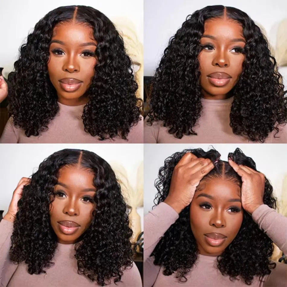 Water Wave Short Bob Cut Natural Black Color 13X4 Lace Front Synthetic Wig For Black Women Prepluck Hairline Cosplay Daily Party