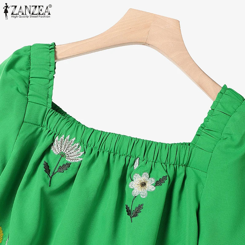 ZANZEA Women Short Sleeve Square Collar Tops Elastic Waist Pant Sets Summer Outfits Elegant Floral Embroidery Two Piece Suts