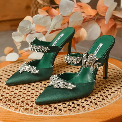 Women's High HeelsTemperament Baotou Silk Wheat Ear Rhinestones Muller Semi-Trailer Pump Pointed Stiletto Sandals
