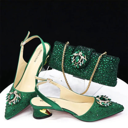New Arrival Fashion Shoes Matching Bag Set Royal Blue Color Decorated with Crystal Ladies Wedding Party Women High Heel