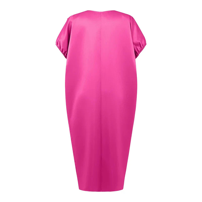 VONDA Plus Size Bohemian Women Maxi Dress 2025 Summer Split Long Sundress V-Neck Short Sleeve Casual Solid Party Satin Robe 5XL