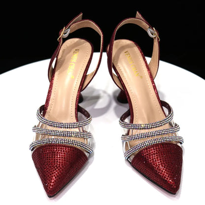 Venus Chan Shoes for Women 2023 Pointed Toe Black Heels Rhinestone Chain Party Sandals Italian Shoes and Bags Matching Set 2023