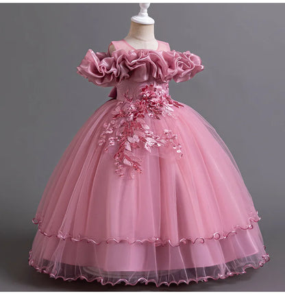 New Elegant Girl Party Dress Long Wedding Bridesmaid Dress 4-13 Year Old Mesh Embroidered Graduation Ball Evening Dress