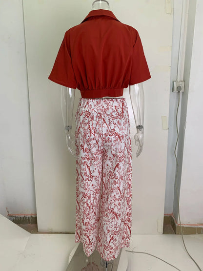 Summer New Printed Pants Sets Women Fashion Raglan Sleeves V-neck Cropped Top High Waist Wide Legs Trousers Two Piece Set Female