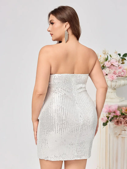 Plus Size Women's Evening Dress Strapless Solid Color Sexy Side Slit Beaded Backless Gown European And American Foreign Trade