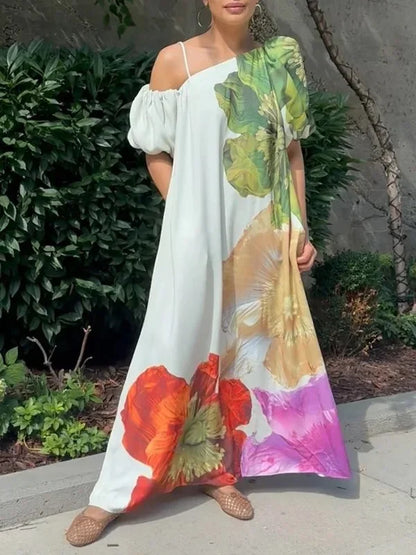UOOZEE 2025 New Women Fashion Elegant Floral Printed Evening Maxi Dresses Loose One-Shoulder H-line Vacation Bohemia Dress