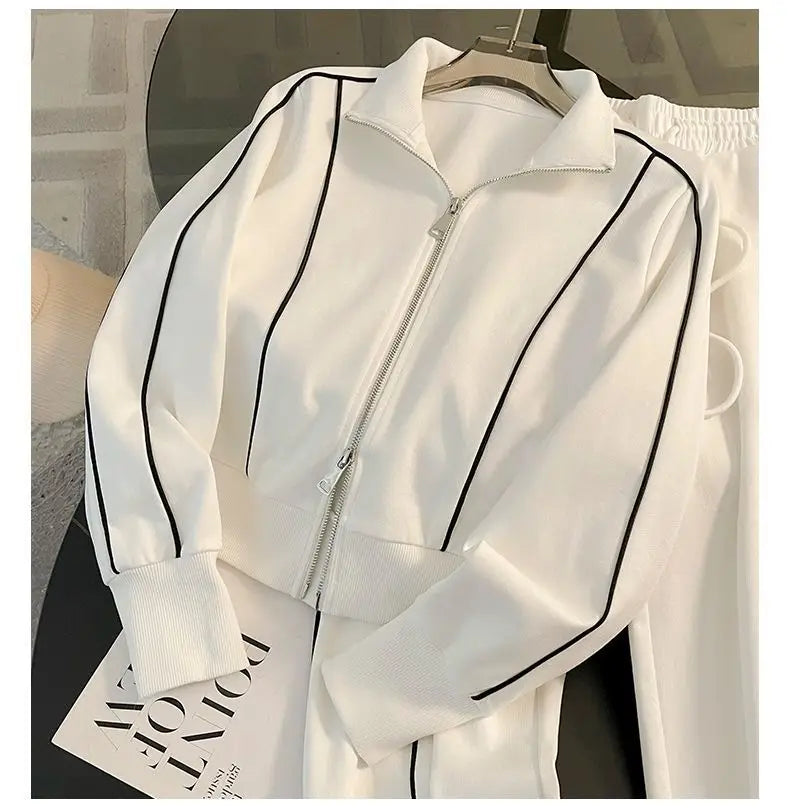 Sports Suit for Women, Autumn Fashion, Casual, Age Reducing, Western-style Zipper Sweatshirt, Wide Leg Pants Two-piece Set pants