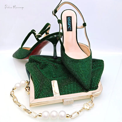 New Arrival Fashion Elegant Green Color Ladies Shoulder Bag for Party Or Commuting Large Capacity Ladies Bag and High Heels