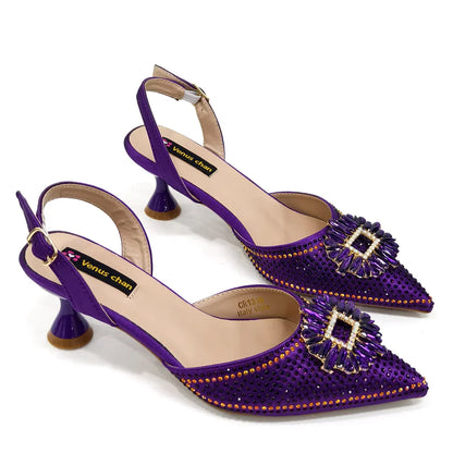 Venus Chan Luxury Rhinestone Heel & Handbag Set – Black & Gold Party Combo