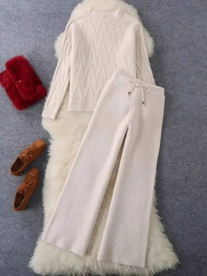 Winter Fall Knit 2 Piece Sets Half High Collar Warm Sweater Outfit Wide Leg Loose Pant Suits Solid Color Soft Korean Tracksuit