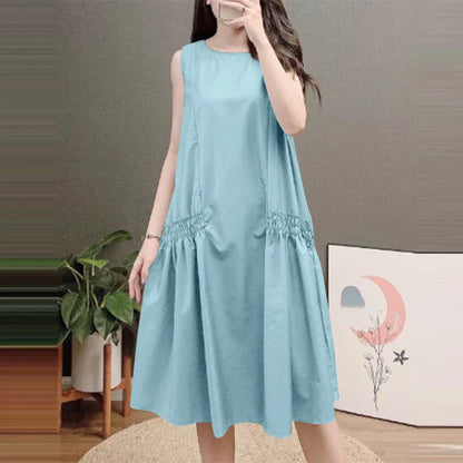 ZANZEA Summer Women's A-line Midi Dresses Casual O-Neck Shirring Pleated Tank Vestidos 2025 Fashion Holiday Solid Robes Femme
