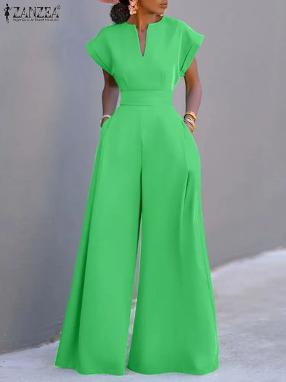 ZANZEA Short Sleeve 2023 Summer Long Rompers Commuting Elegant Holiday Women Playsuit Wide Leg Pants Casual Jumpsuits Overalls