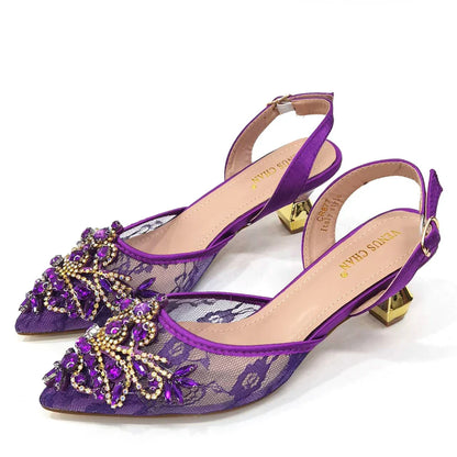 Venus Chan Nigerian Elegant Lace Net Style Green Crystal Low Heel Shoes And Three-Dimensional Mini Bag Commuter Women's Shoes