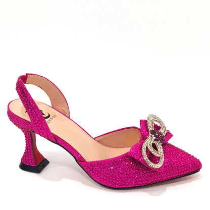 Women's Hot Pink Rhinestone Heels & Matching Handbag Set – Sparkly Bow Design by Venus Chan